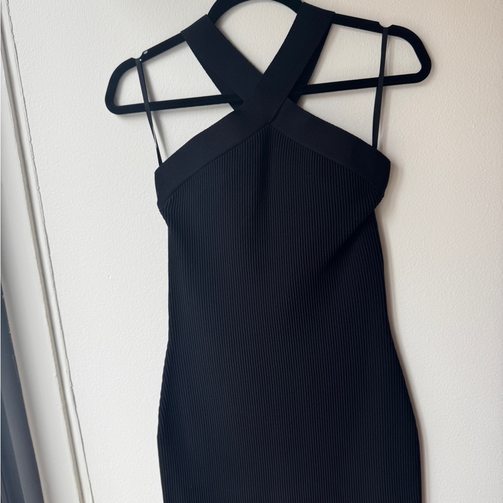 Babaton Black Ribbed Cross Neck Cocktail Dress - Picture 6 of 8